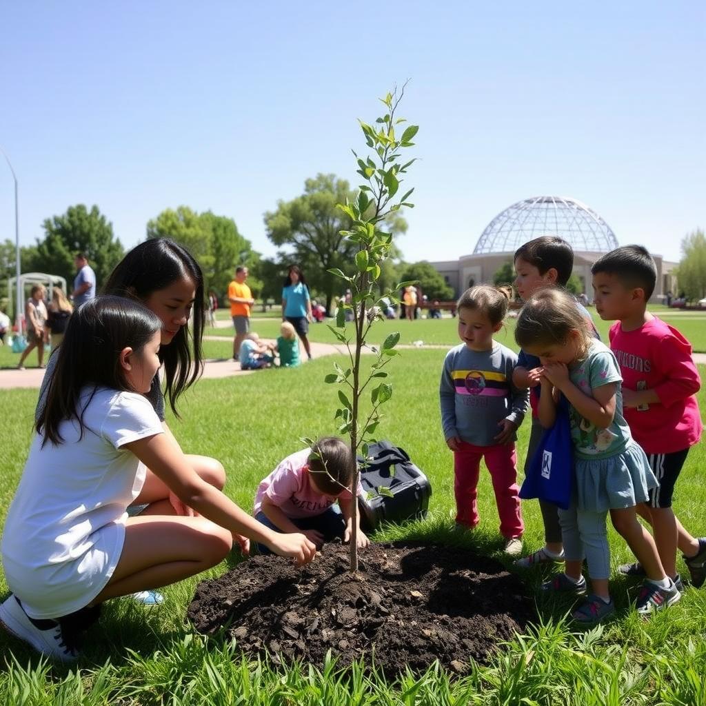 Young woman and children planting a tree in a sunny park, symbolizing environmental advocacy.