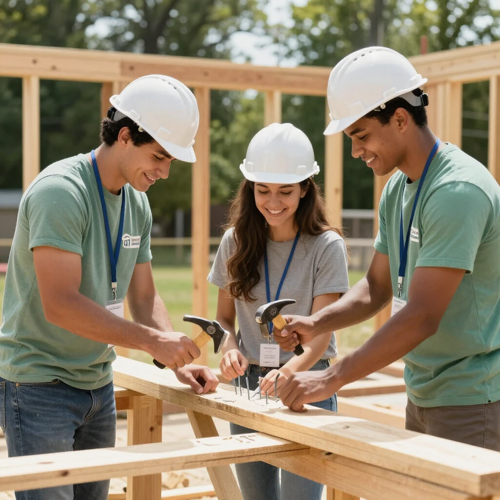 College students building houses with Habitat for Humanity volunteers