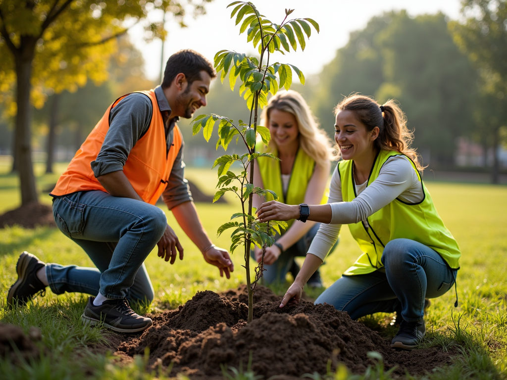 Volunteers planting trees together in a park
