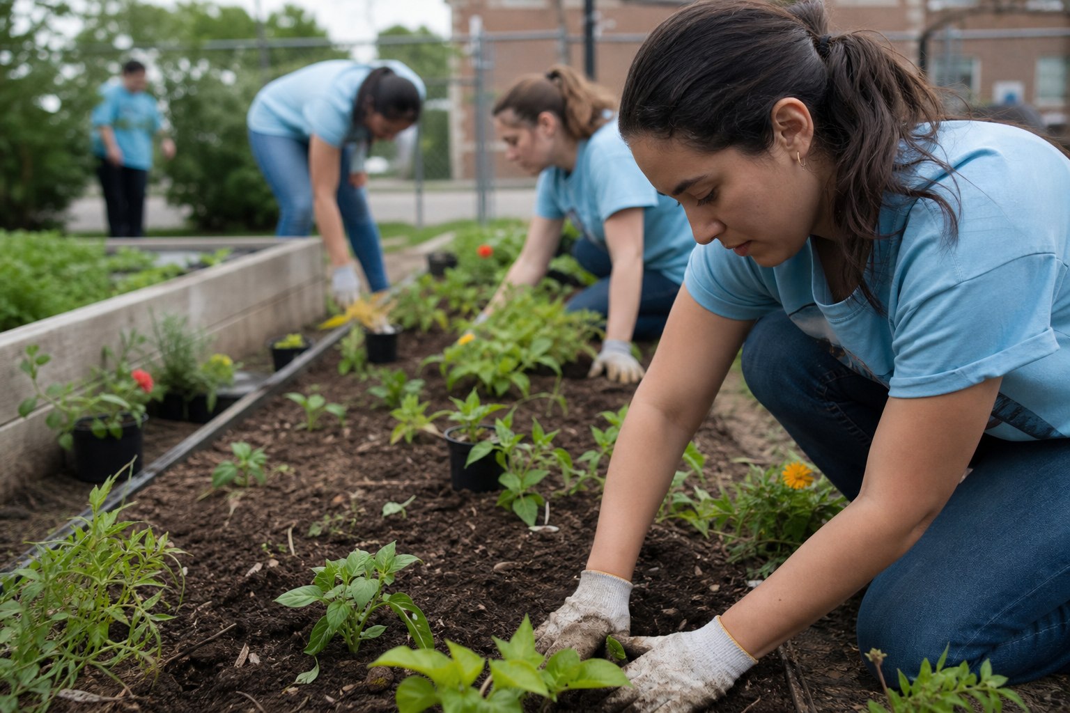Service learning in action: volunteers transforming a community garden with passion and teamwork