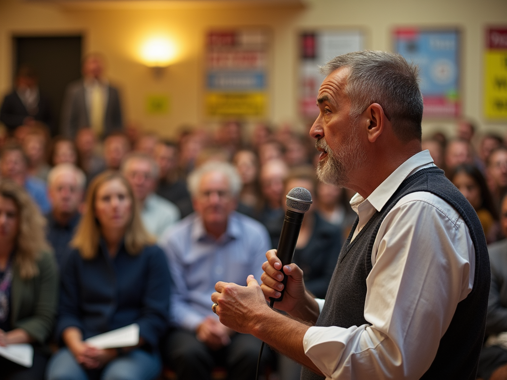 A volunteer advocating at a town hall meeting.