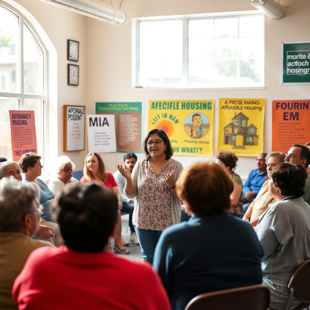 A diverse group of people in a community center, listening to a woman speaking passionately about affordable housing.