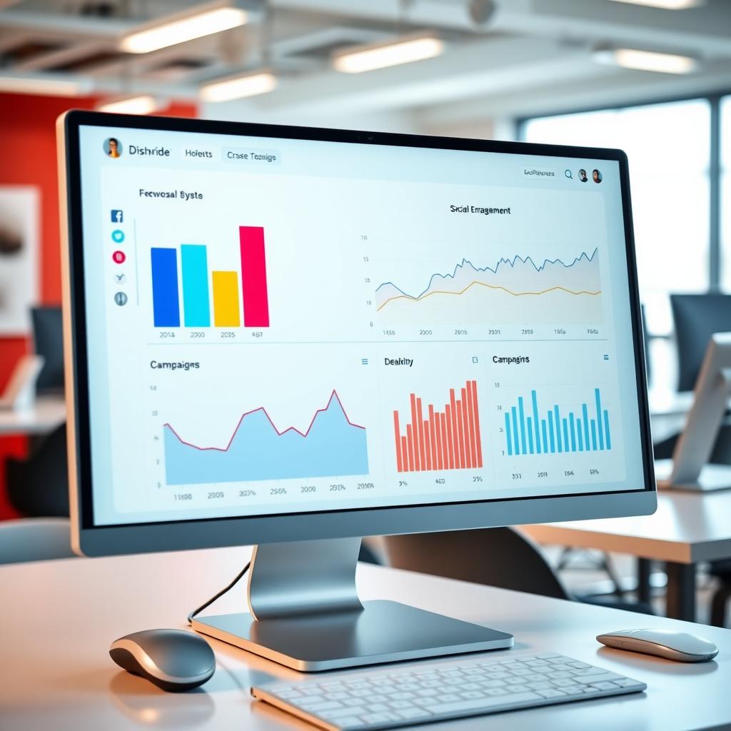 A computer screen showing a dashboard with colorful charts tracking social media engagement and campaign reach in a bright office.