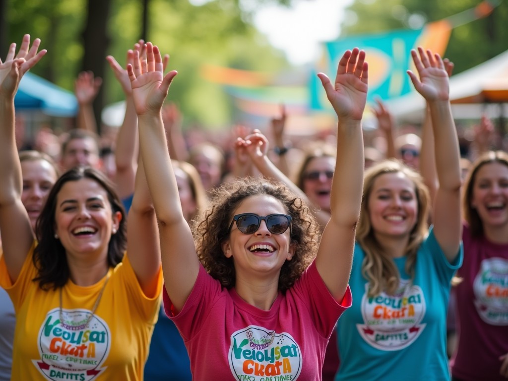 A group of people celebrating with raised hands at a successful community event.
