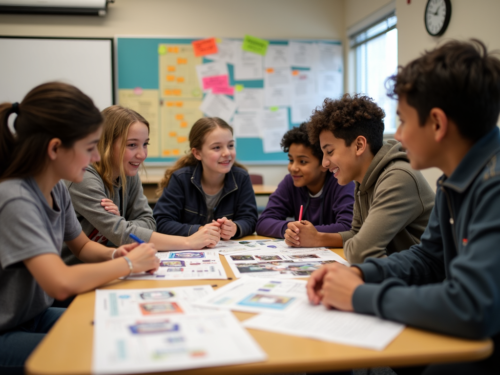 Students discussing their service learning project in class