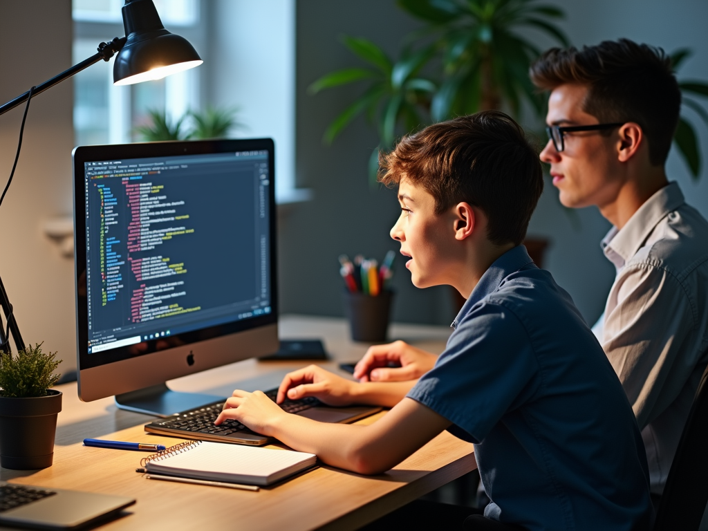 A professional helping a student with a coding project.