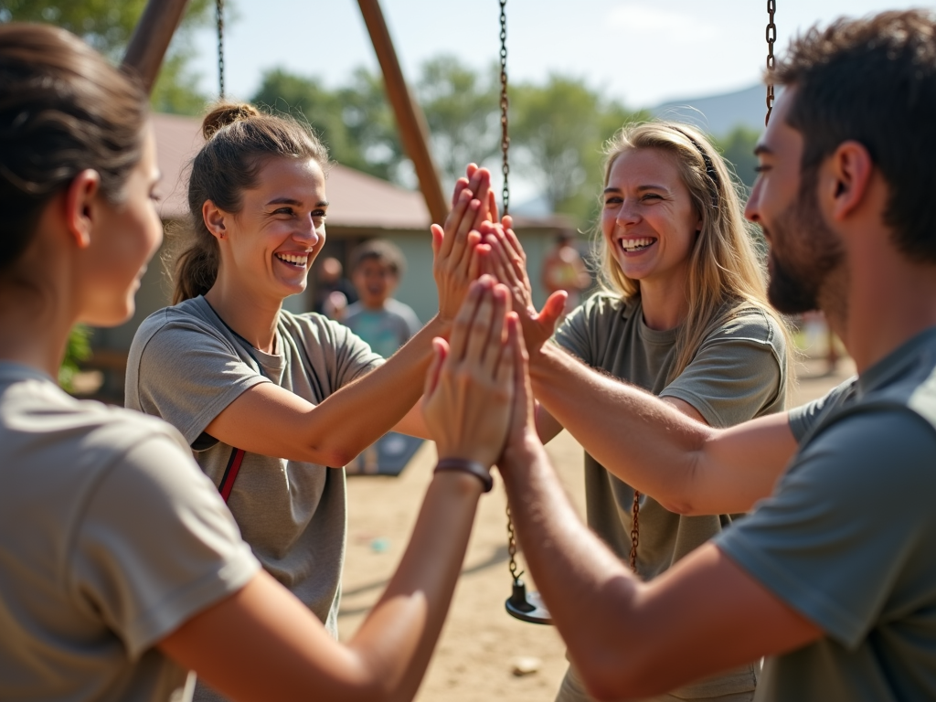 Volunteers celebrating a finished playground