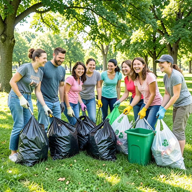 Diverse volunteers collaborating on a park cleanup to improve the community