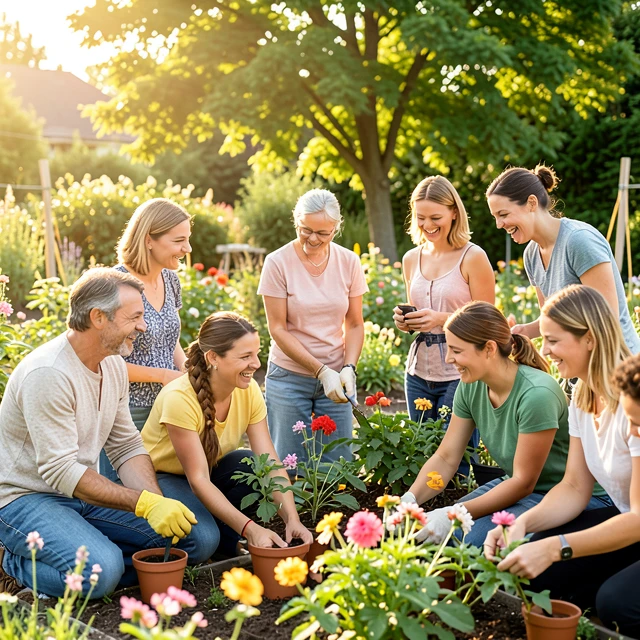 Diverse volunteers working together in a community garden