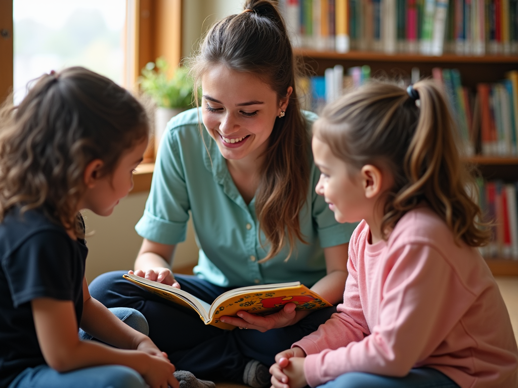Volunteer reading to kids in a library