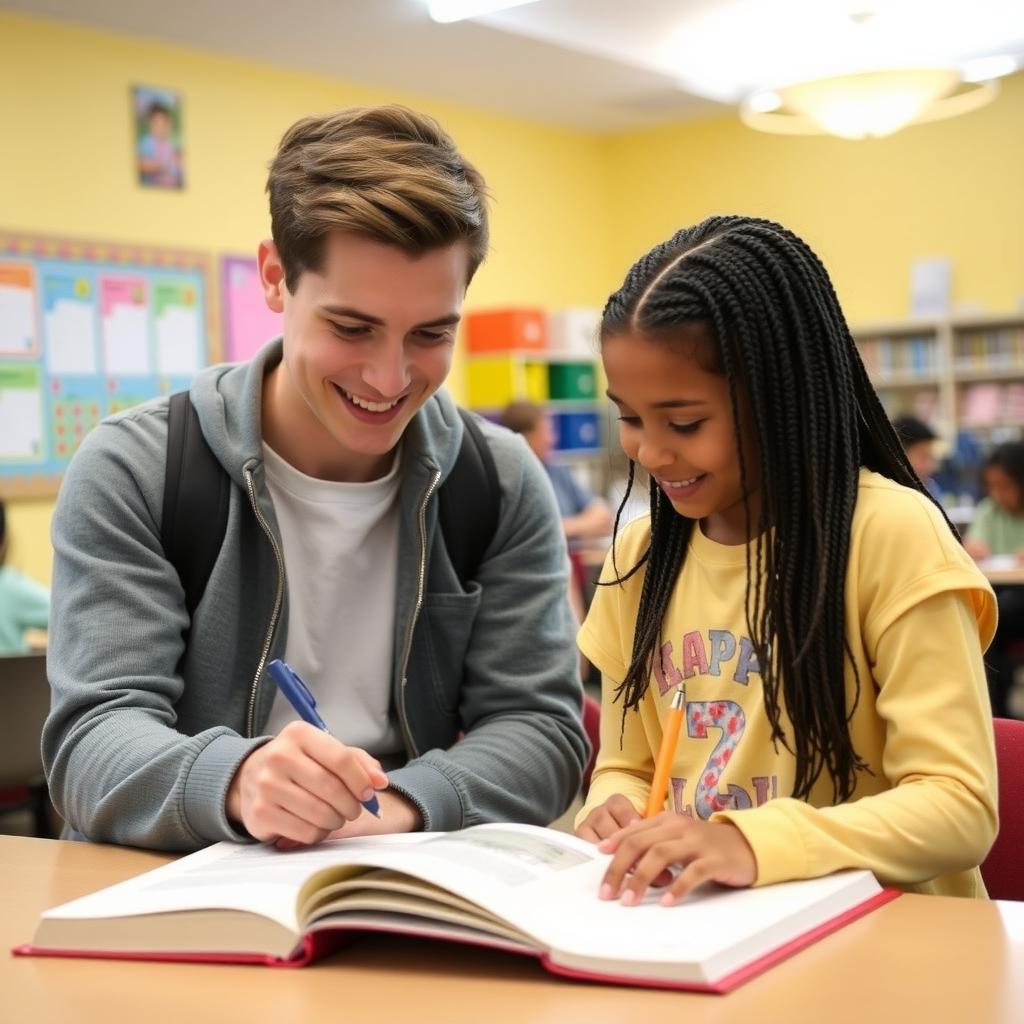 College student tutoring a young child in a colorful community center.