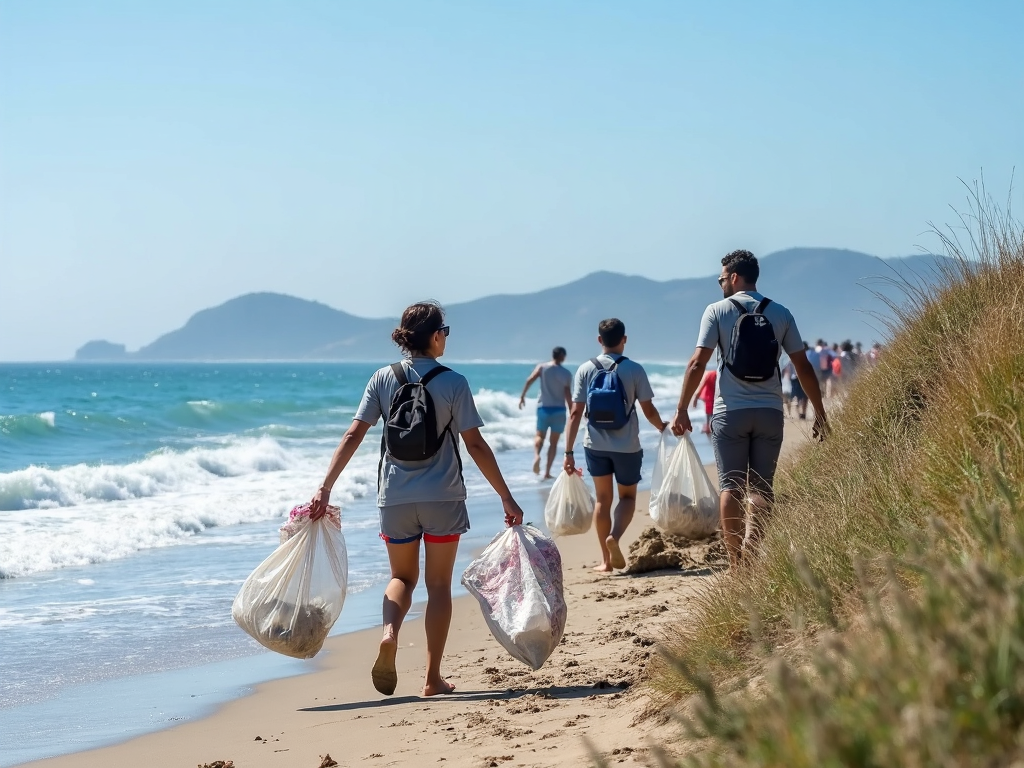 Volunteers cleaning up a beach.