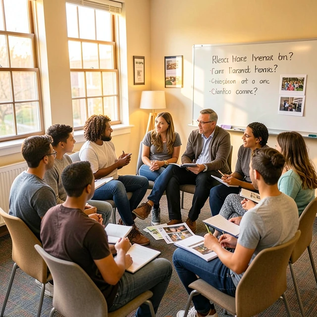 Students and professor reflecting on experiences in a service learning seminar