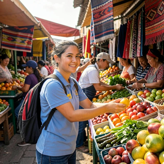 Volunteer practicing Spanish in a lively Peruvian market with local vendors