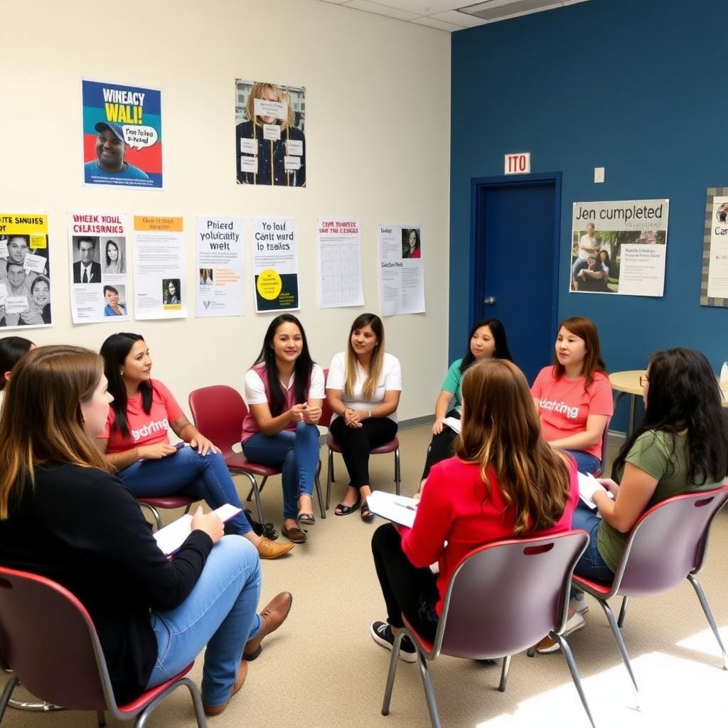Volunteers in a nonprofit advocacy workshop, discussing community issues in a bright room with posters.