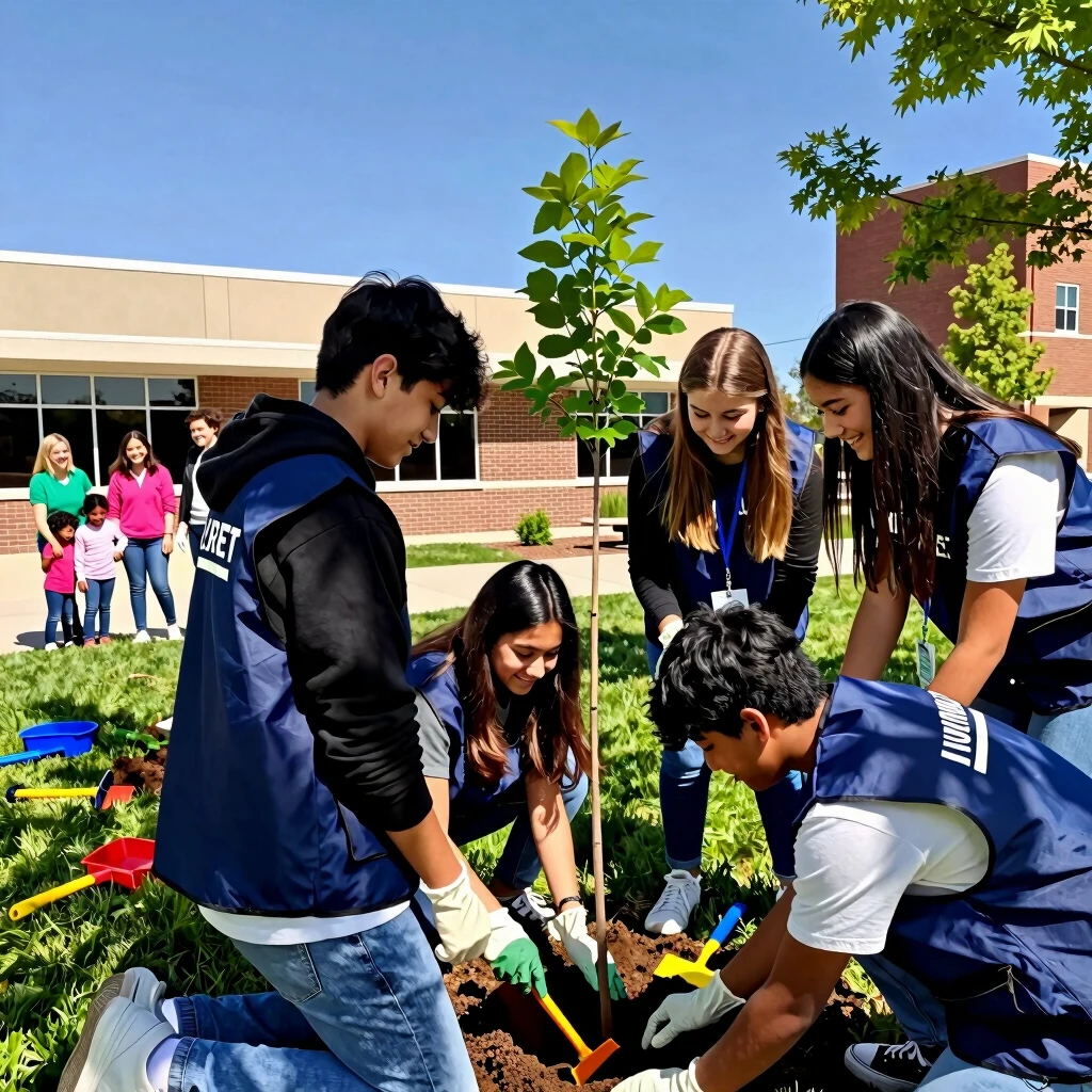 Students planting trees together in a community park