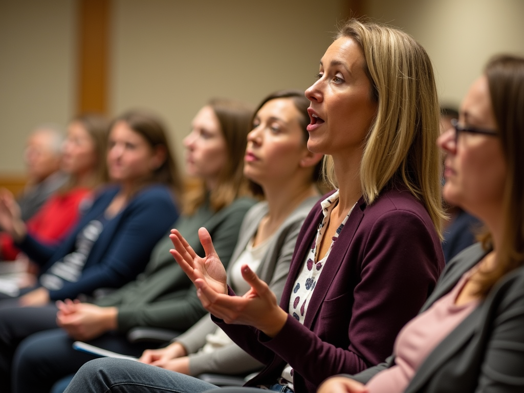 Volunteer advocate speaking at a community meeting
