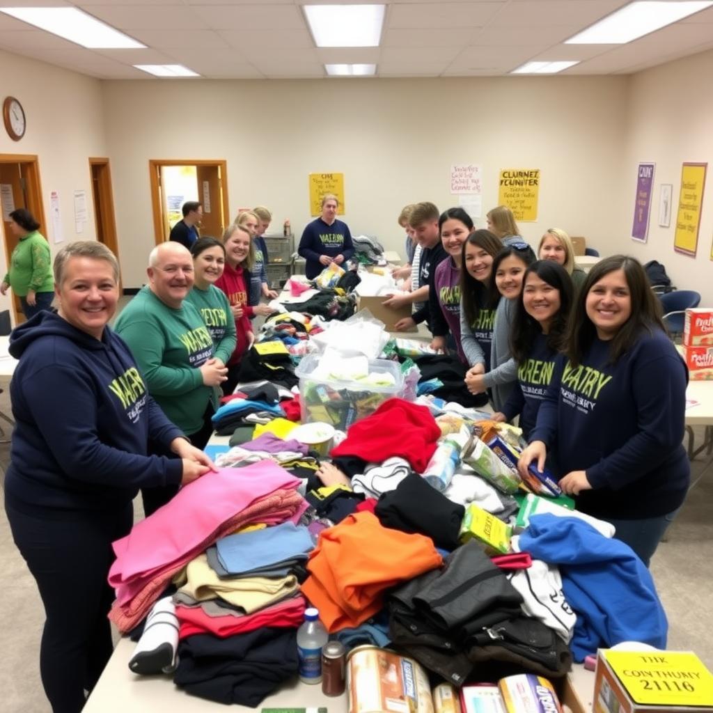 A group of volunteers sorting donations in a brightly lit community center.