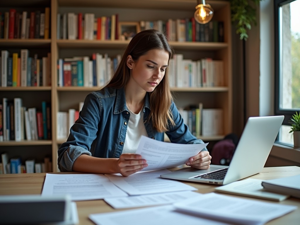 A volunteer reading a stack of reports and documents related to advocacy causes.