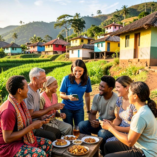 International volunteers using language apps while engaging with local community abroad