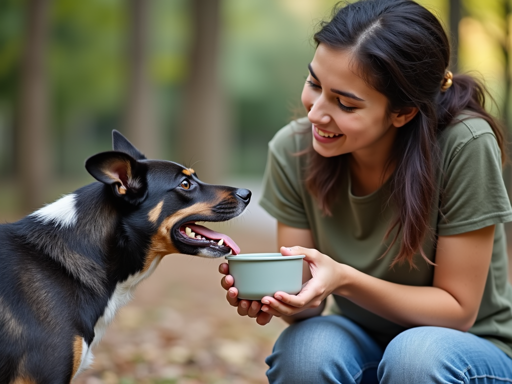 College student volunteering at an animal shelter, feeding a dog.