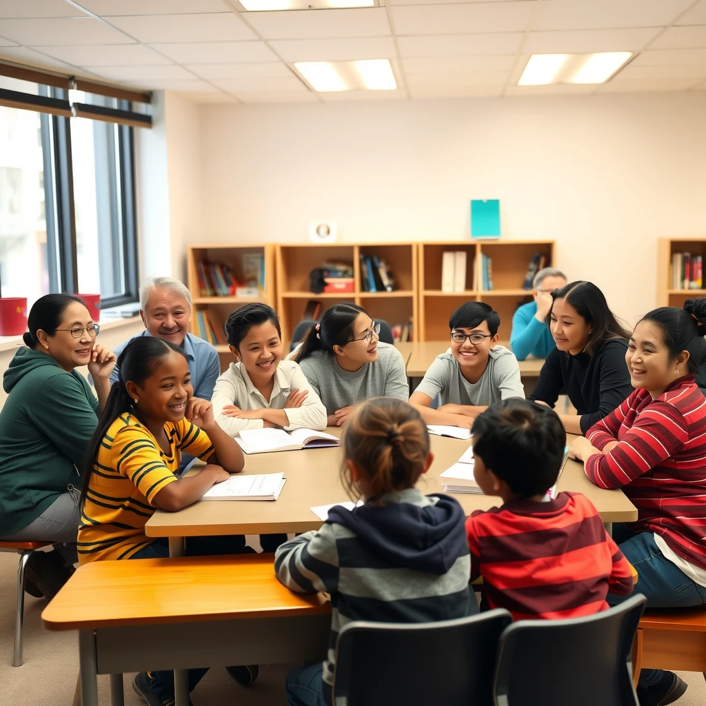 Diverse volunteers tutoring children in a classroom, creating a joyful learning environment