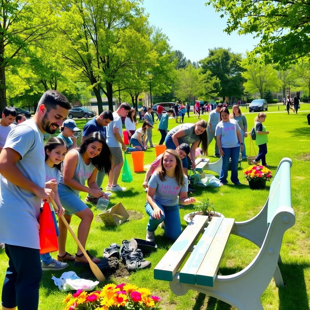 A diverse group of volunteers cleaning and beautifying a community park on a sunny day.