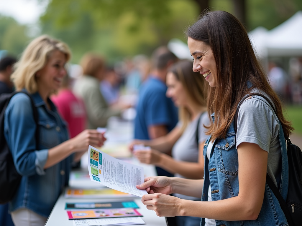 A volunteer handing out information at a community event.
