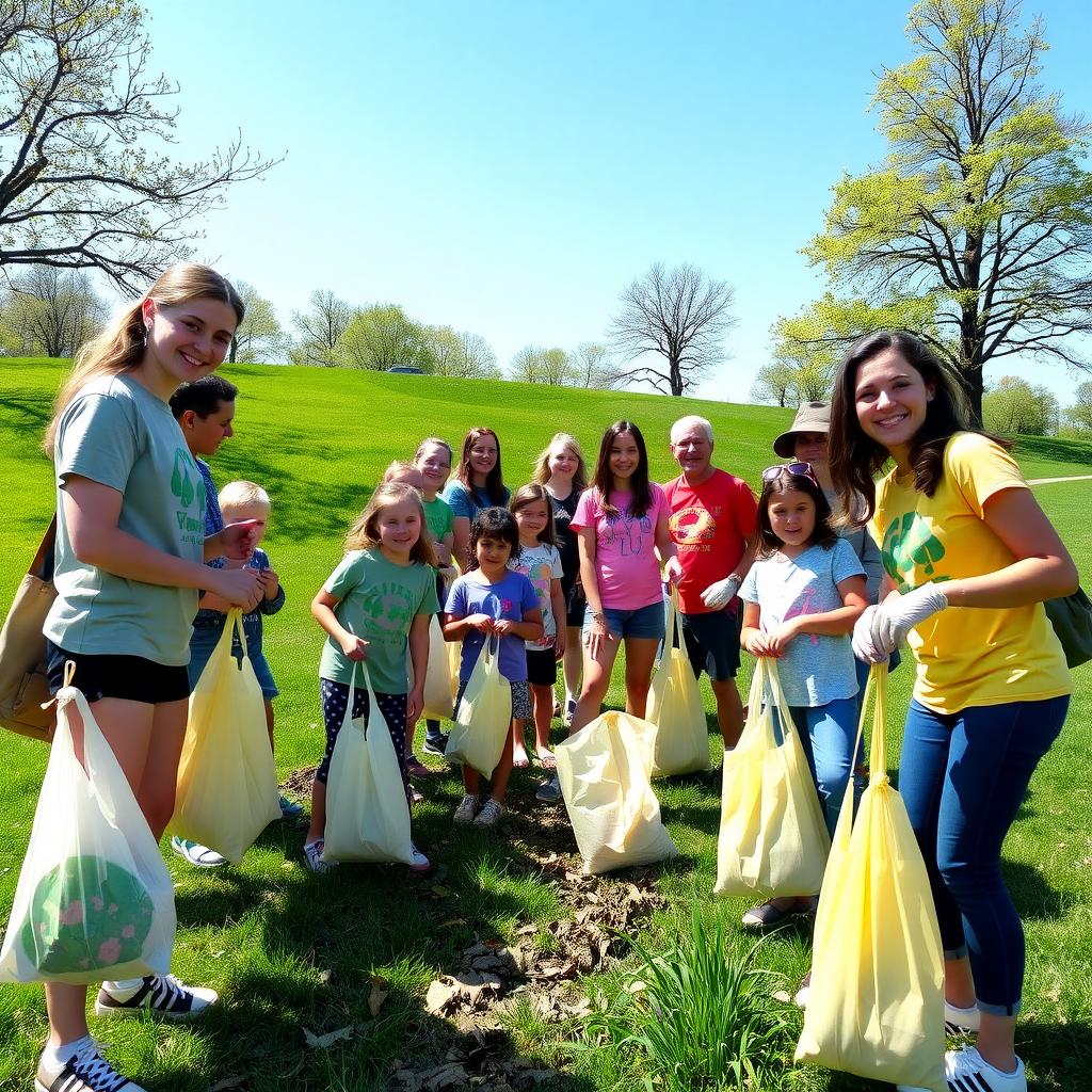 Volunteers cleaning up litter in a park during a community event, surrounded by green grass and trees.