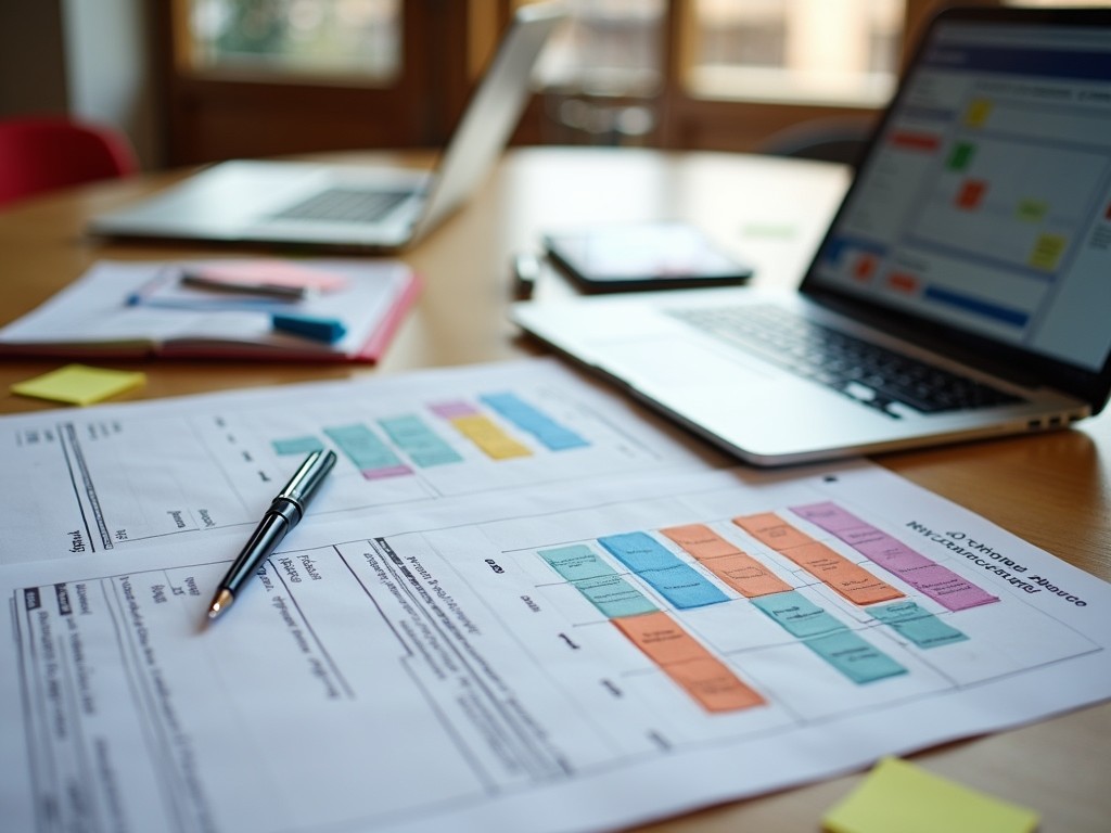 Organized documents and charts on a table, ready for planning.