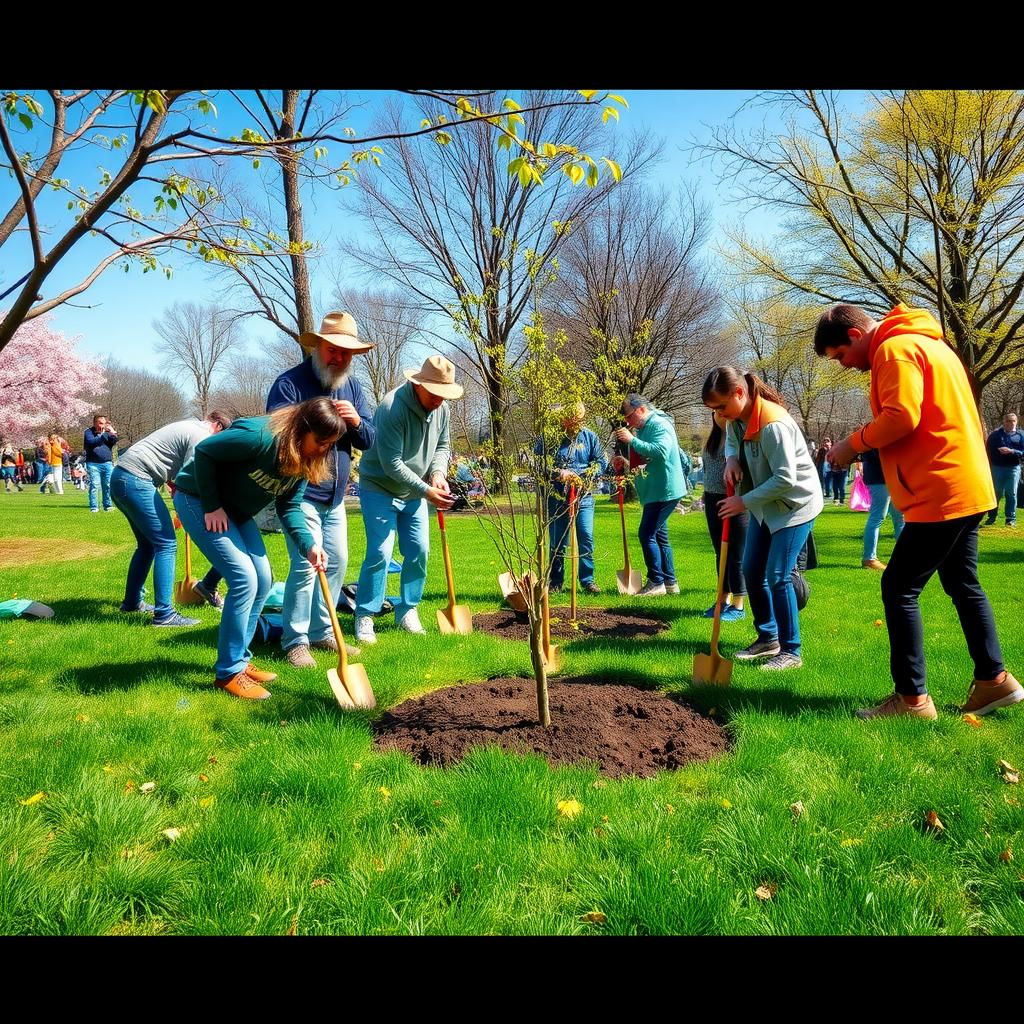 Volunteers planting trees in a lush park on a sunny spring day
