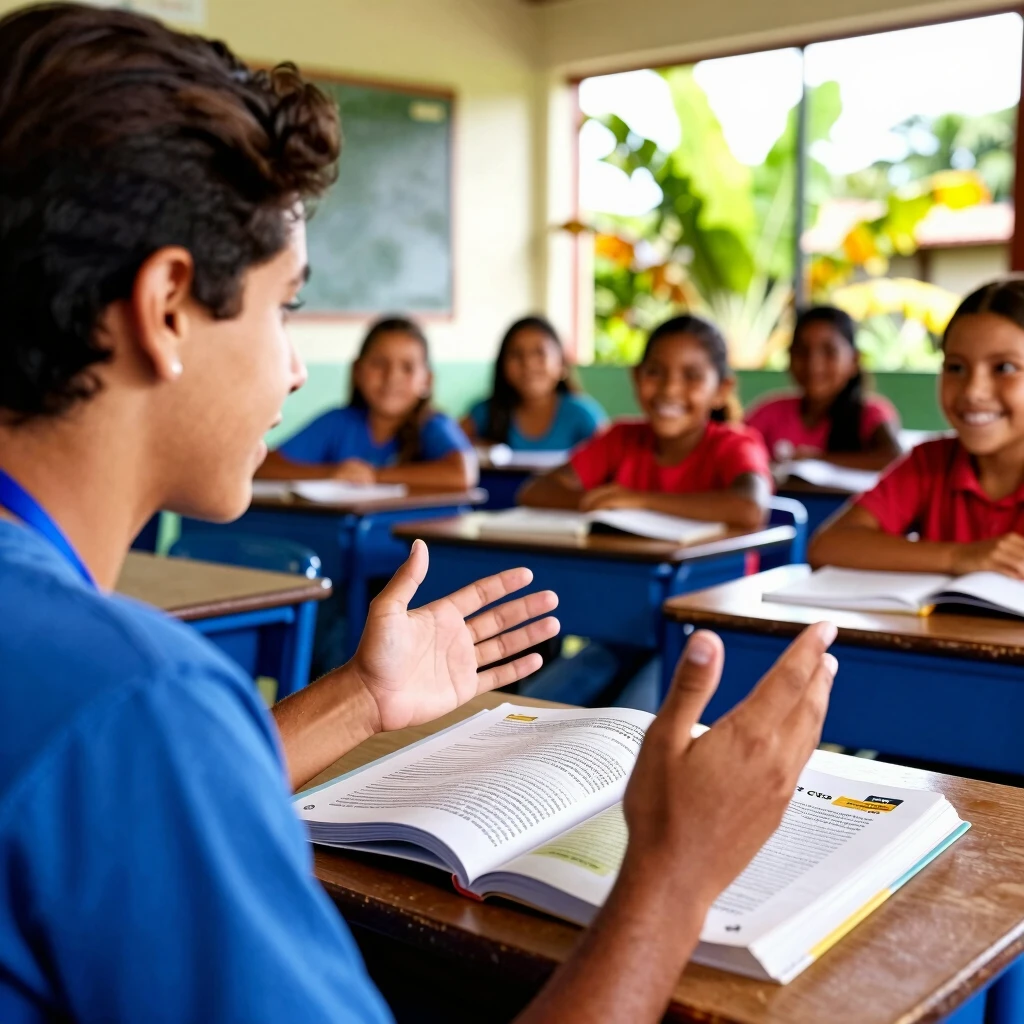 Volunteer leading a Spanish language lesson with students in Costa Rica
