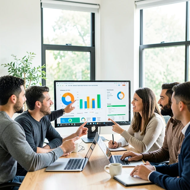 Team measuring success in advocacy efforts through data analysis and impact charts