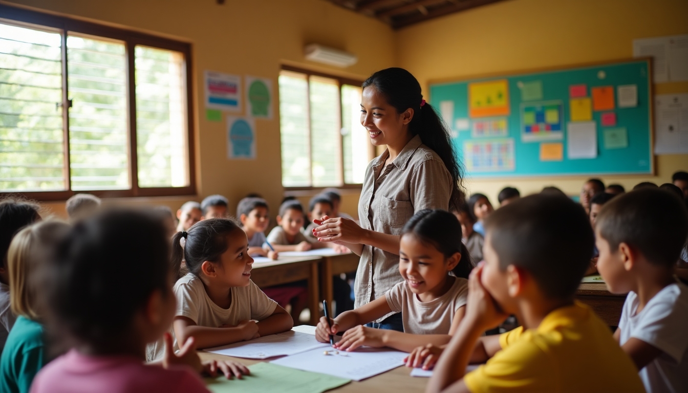 A student teaching English to a group of children in a rural community abroad, engaging and interactive.