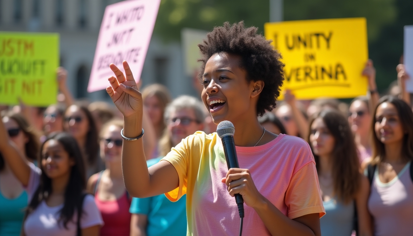 A volunteer speaking passionately into a microphone during a community event.