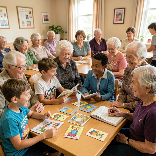 Students reading to elderly community members during service learning