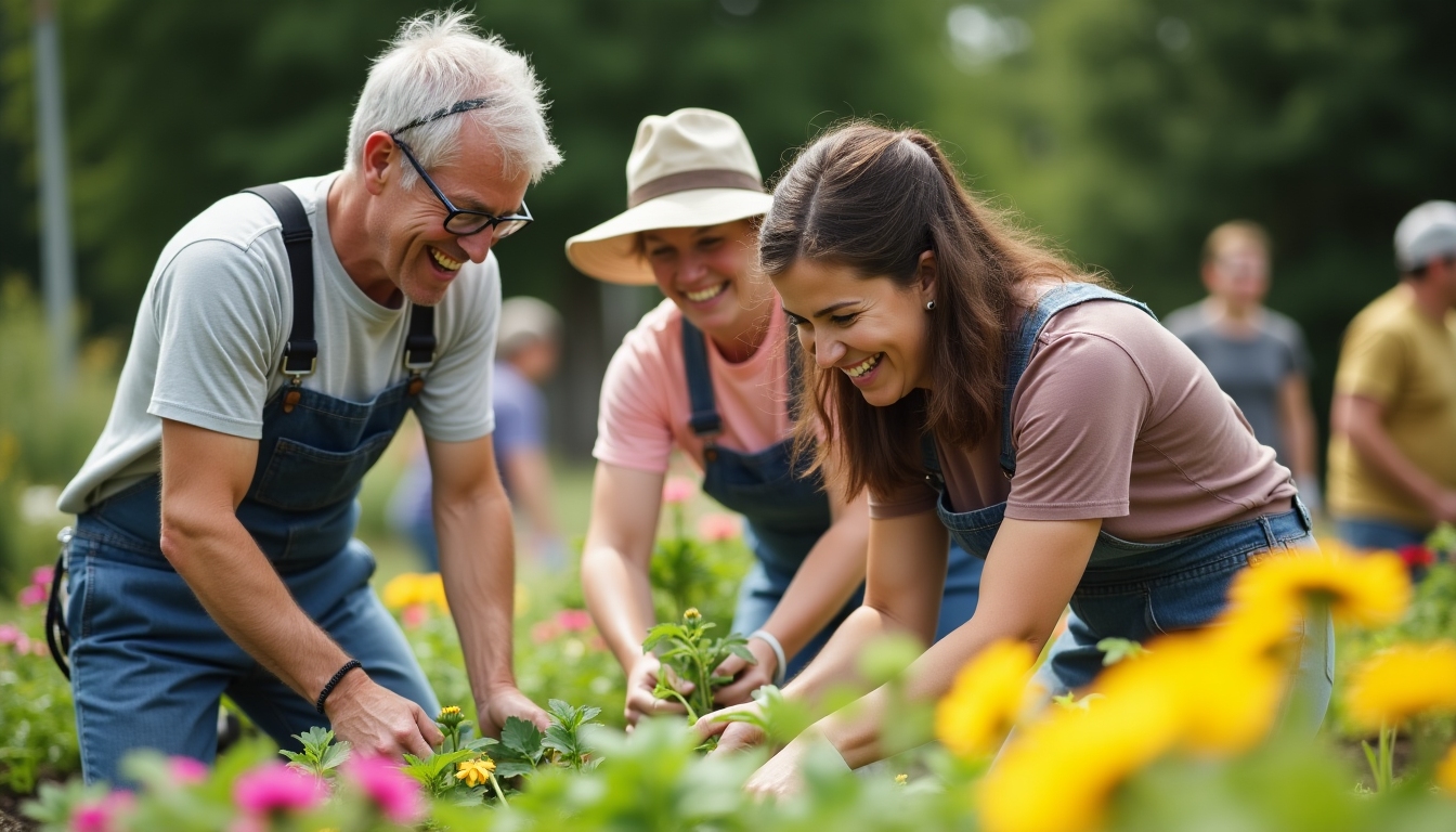 Volunteers happily working together in a community garden