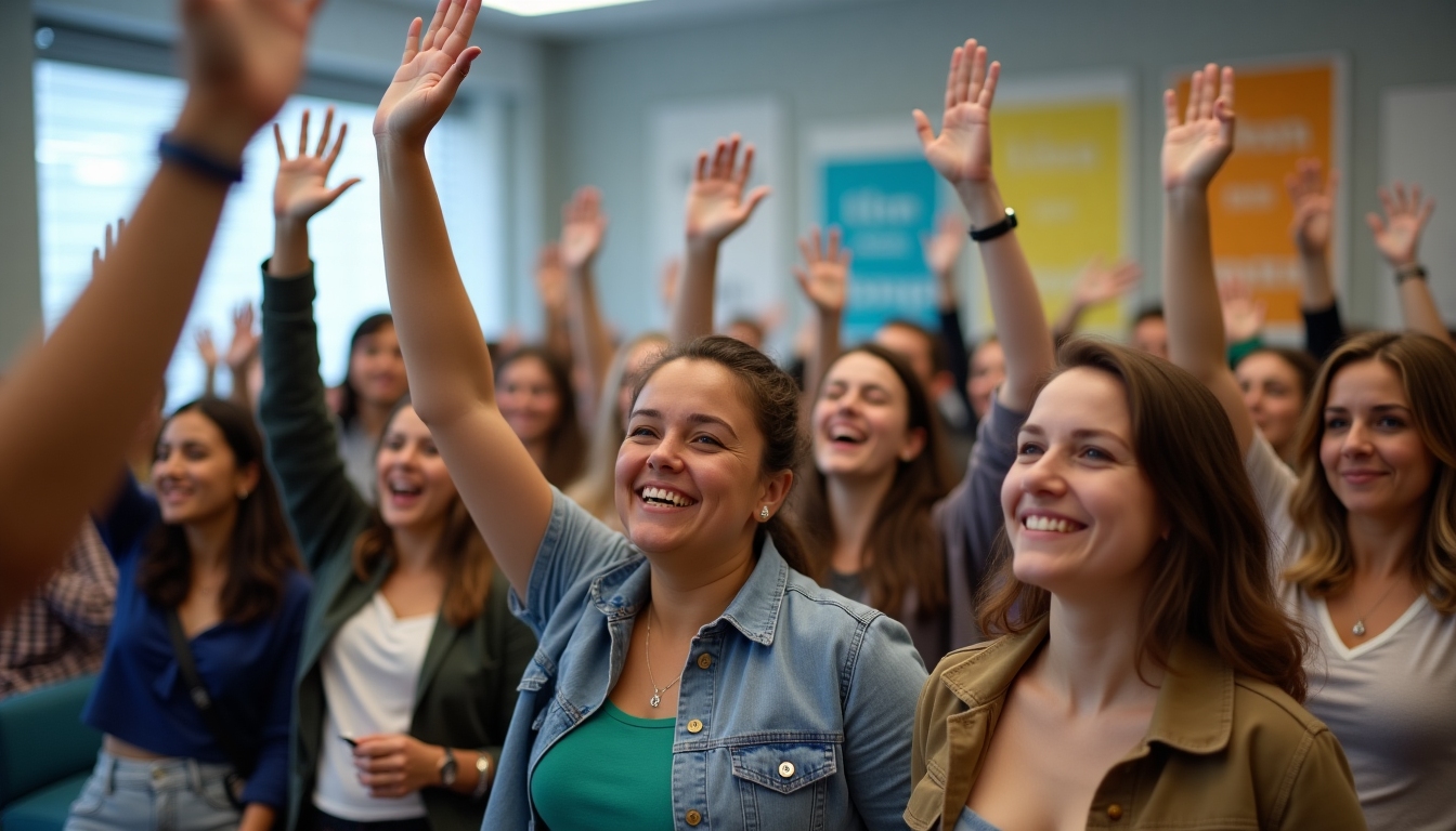 A motivational gathering with volunteers raising their hands in support of a cause.