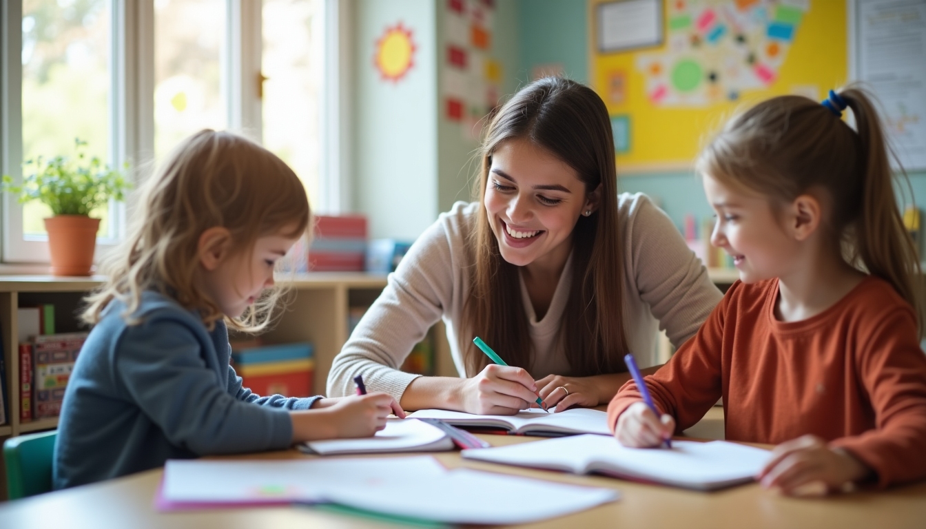 A college-aged student helping children with homework during a tutoring session, showcasing the impact of academic skills in volunteering.