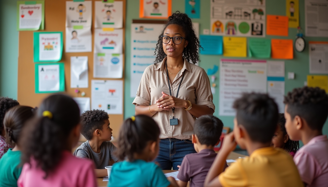 A determined volunteer standing confidently in a neighborhood, ready to initiate community projects for educational access.