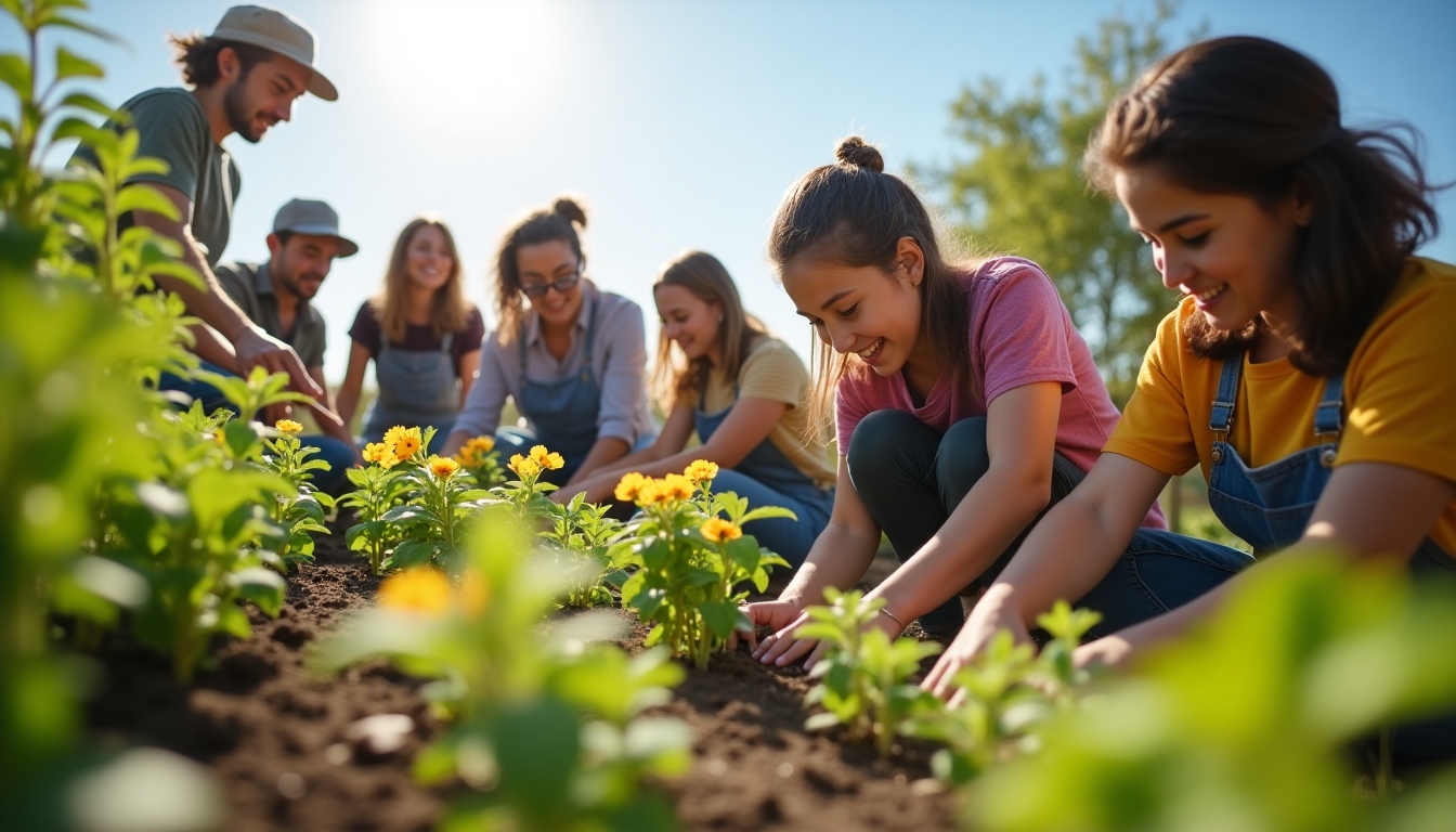 A group of diverse volunteers in a community garden, showcasing teamwork and unity.