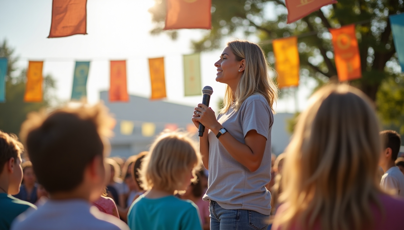 A volunteer speaking confidently at a public event, illustrating effective communication.