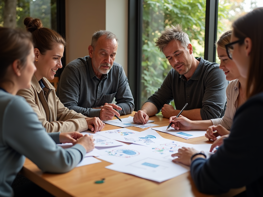 A diverse group of advocates brainstorming ideas around a wooden table, with colorful sticky notes scattered around