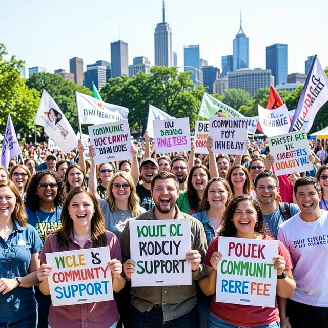 Volunteers participating in a nonprofit advocacy rally with signs and banners
