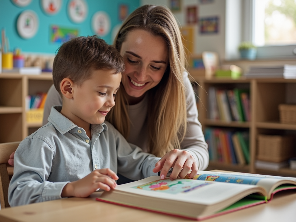 Volunteer tutoring a child in a classroom