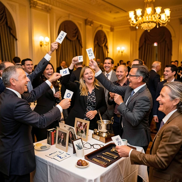 Attendees excitedly bidding at a charity auction event