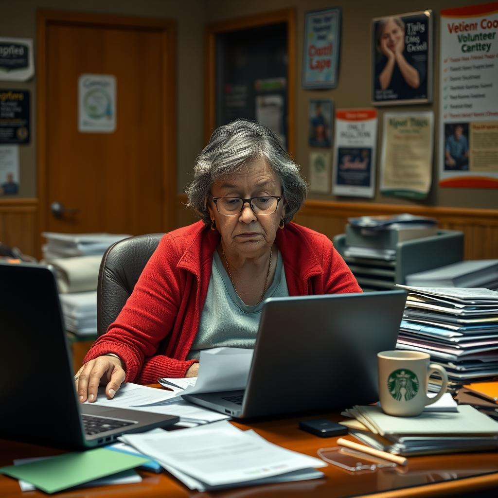 A tired volunteer sits at a cluttered desk in a community center, looking exhausted but determined.