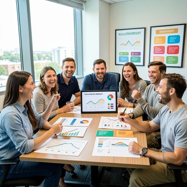 Nonprofit team reviewing and celebrating volunteer impact metrics