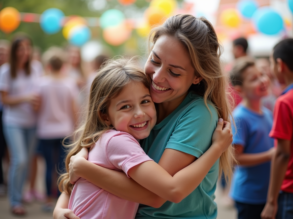 Volunteer hugging a child at a community event.