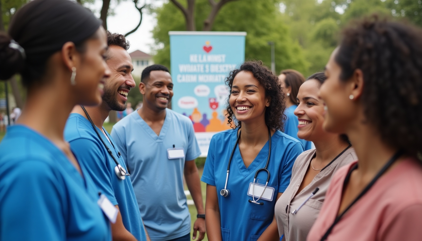 Healthcare volunteers mingling with local community leaders.